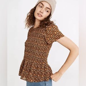 MADEWELL,  Georgette Lucie Flutter-Sleeve Smocked Peplum Top Floral, medium